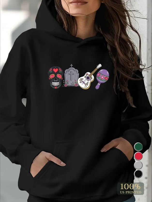 Women's Casual Skull & Floral Print Hoodie - Long Sleeve, Kangaroo Pocket Pullover Sweatshirt For Fall Winter