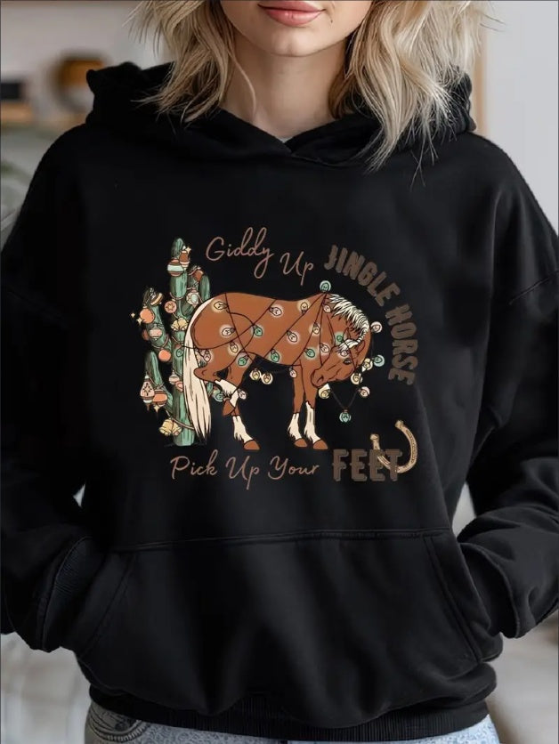 Western Christmas Hoodie,  Casual Fall Winter Hooded Top, Long Sleeve Pullover With Jingle Horse Graphic For Adults