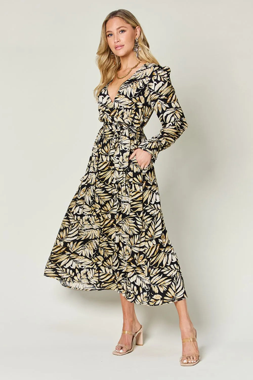 Double Take Full Size Tie Back Flounce Sleeve Dress