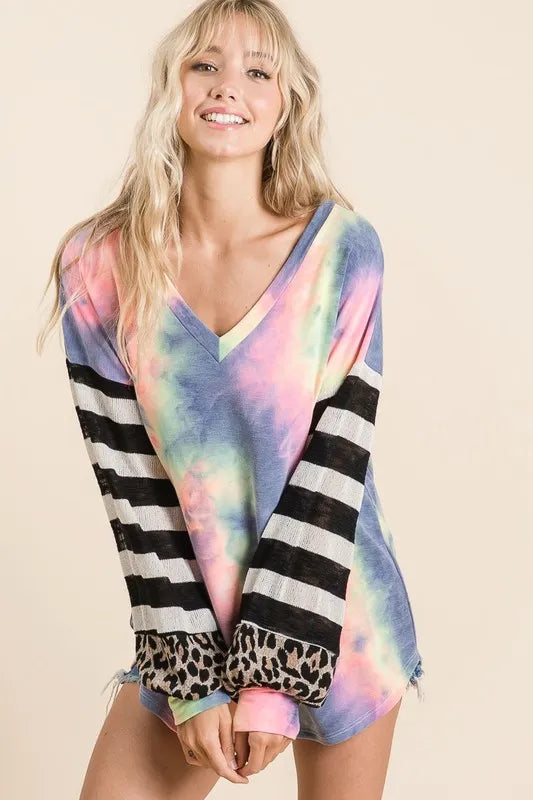 BiBi Tie Dye V Neck Top with Stripe Puff Sleeves