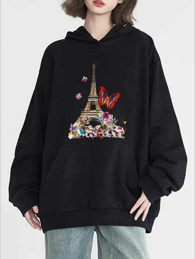 Women'S Fashion Paris Eiffel Tower Print Hoodie, Long Sleeve, Crew Neck, With Pocket, Casual Pullover,  All-Season Versatile Style
