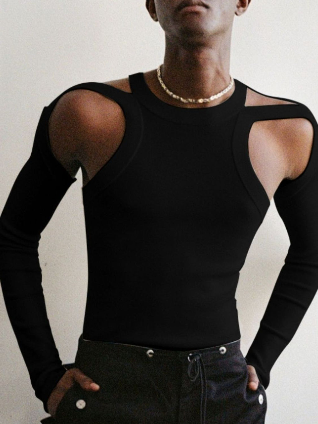 Men's Full Size Cutout Round Neck Long Sleeve Top Plus Size