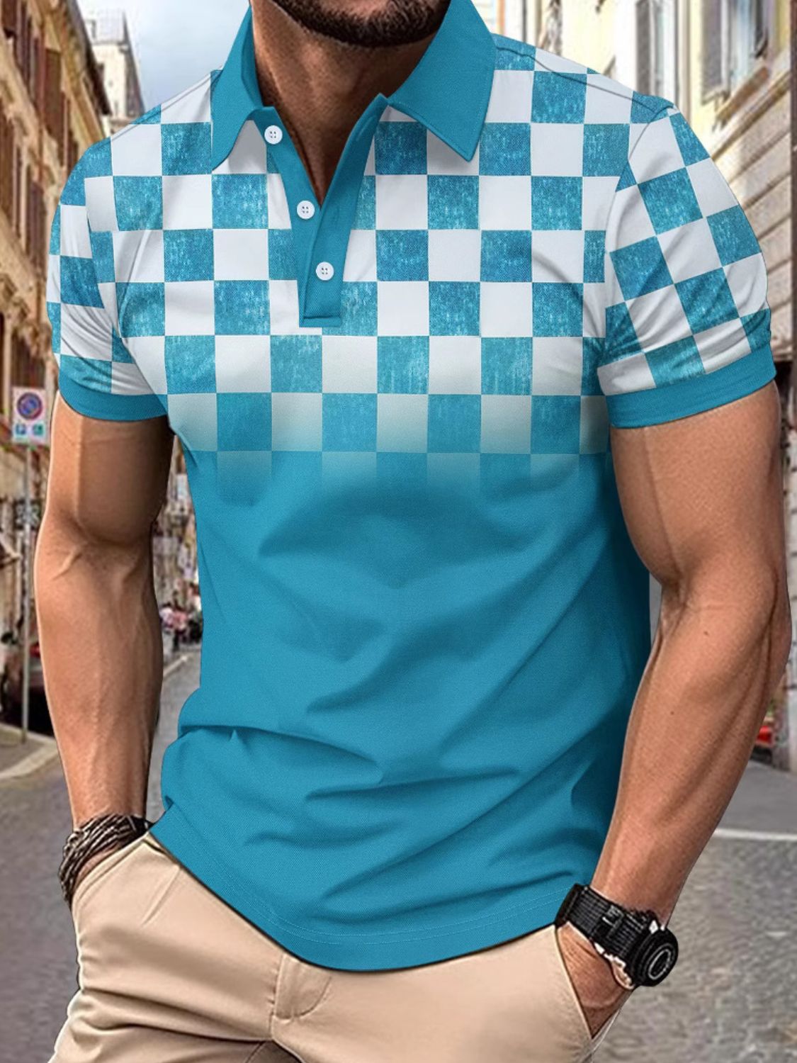Men's Full Size Collared Checkered Short Sleeve Polo Plus Size