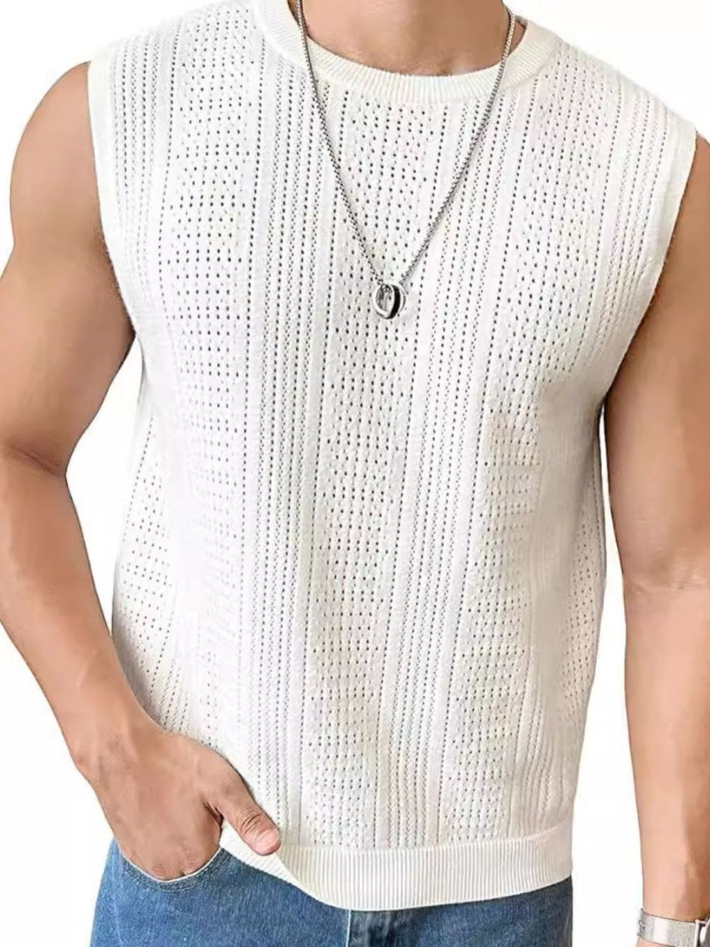 Men's Full Size Eyelet Round Neck Tank Plus Size
