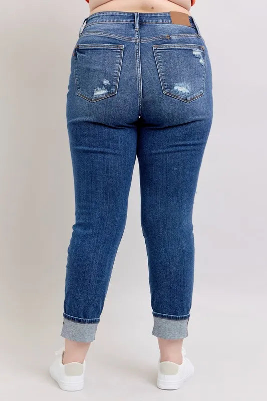 Judy Blue Full Size Mid Rise Boyfriend destroy Jeans with Yoke Pockets and Faux Selvedge Cuff Plus Size
