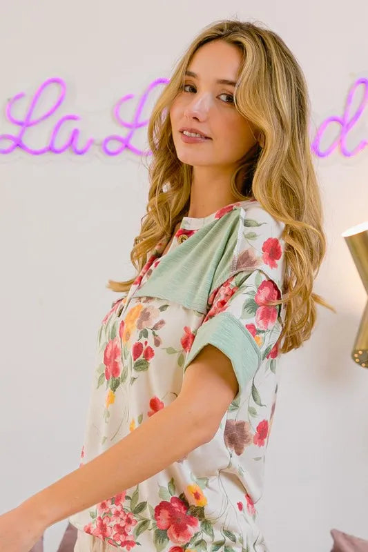 BiBi Floral Button Detail Round Neck Short Sleeve Terry T-Shirt