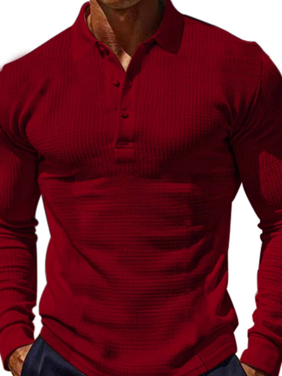 Men's Full Size Waffle-Knit Quarter Button Polo Plus Size