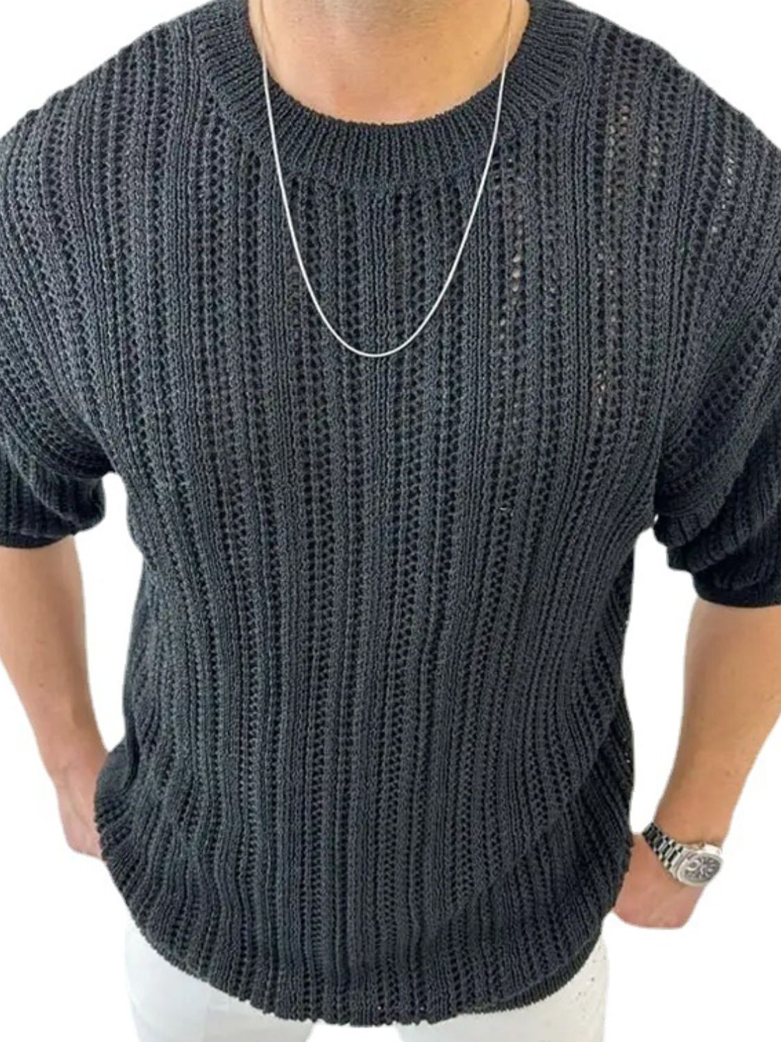 Men's Openwork Round Neck Knit T-Shirt