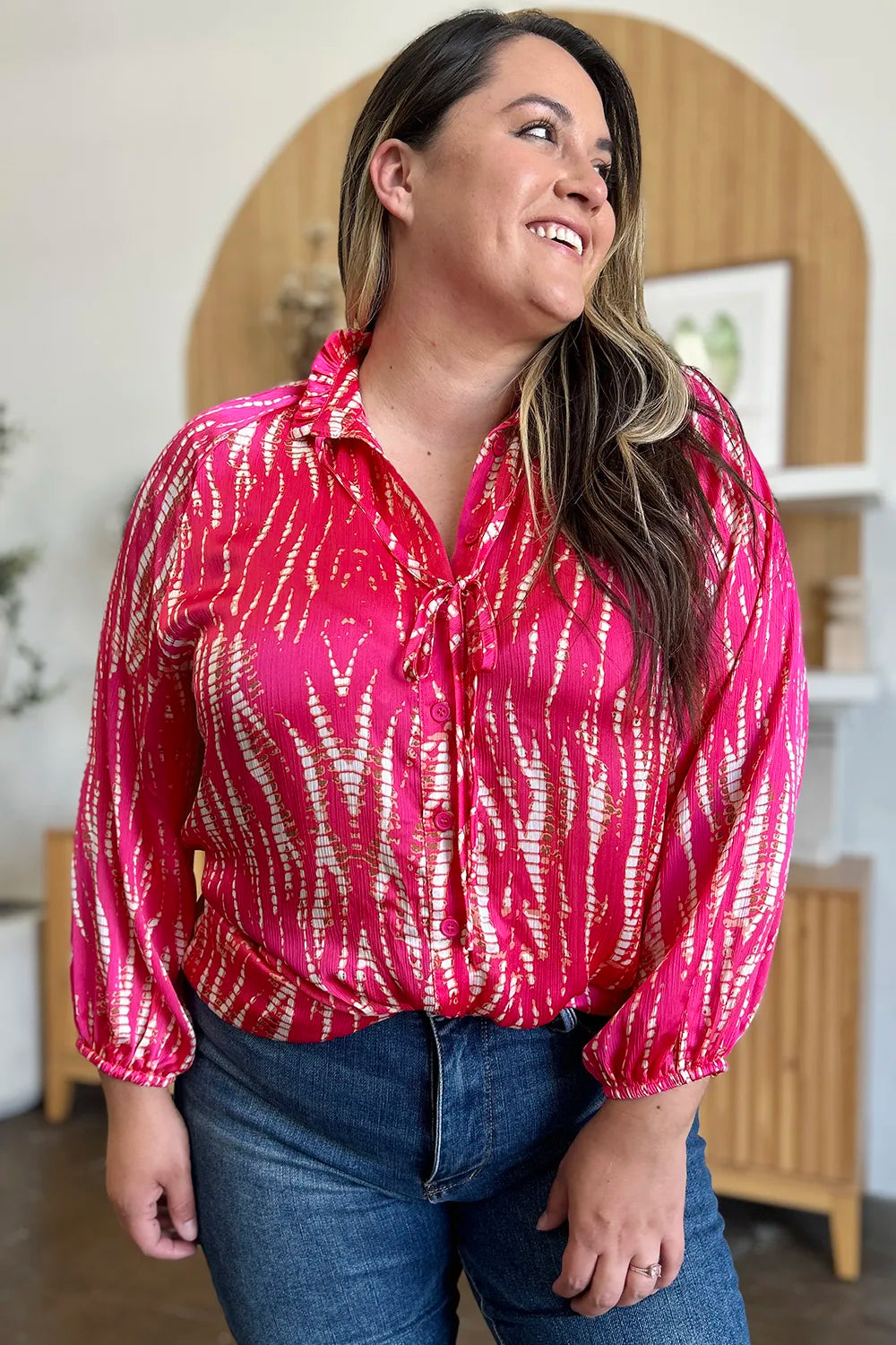 Double Take Full Size Printed Button Up Long Sleeve Shirt