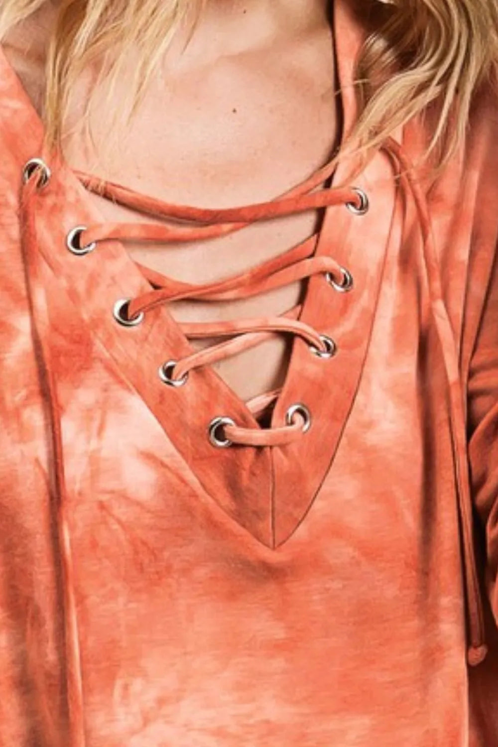 BiBi Lace-Up Tie-Dye French Terry Long Sleeve Top