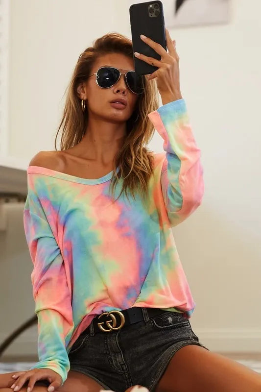 BiBi Tie Dye French Terry  Long Sleeve Knit Top