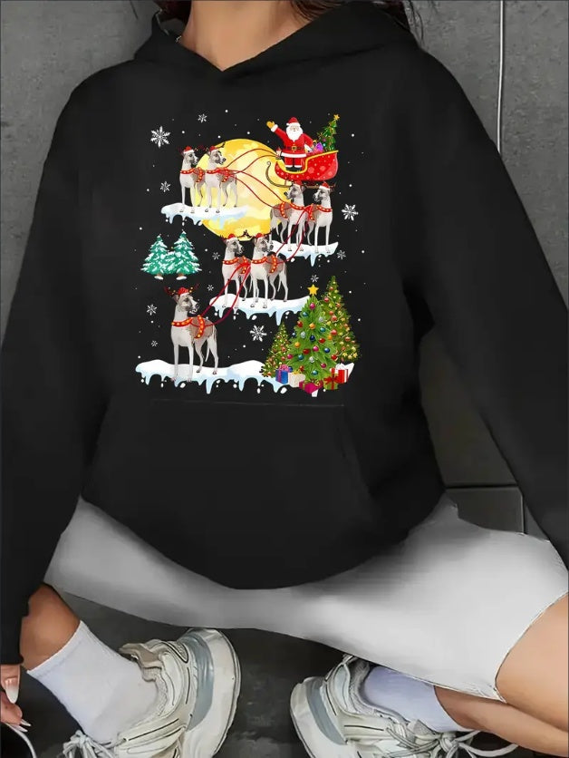 Women'S Casual Christmas Reindeer Sleigh Graphic Hoodie, Long Sleeve Hooded Sweatshirt With Kangaroo Pocket, For All Seasons