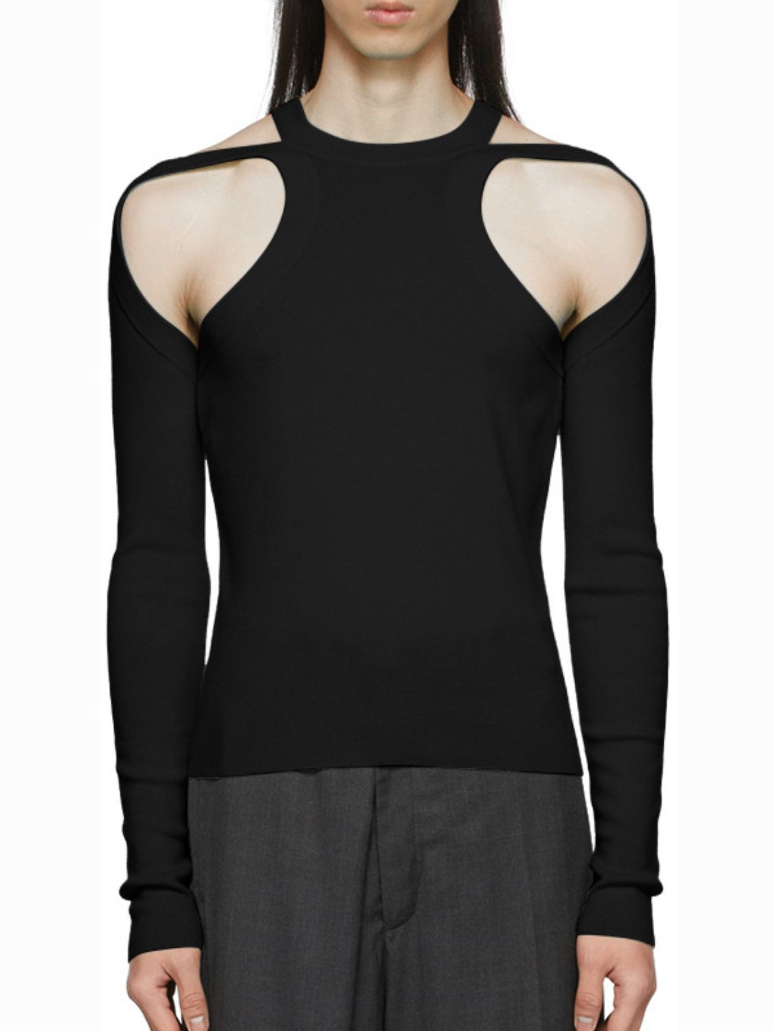 Men's Full Size Cutout Round Neck Long Sleeve Top Plus Size