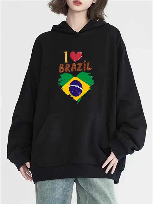 Women's Fashion 'I Love Brazil' Print Hoodie - Casual Pullover With Pockets, Long Sleeve & Round Neck, Perfect For Fall & Winter