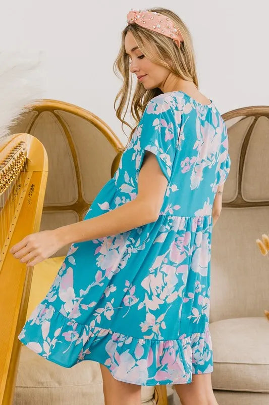 BiBi Floral Crinkle Shirred Ruffle Detail V Neck Dress