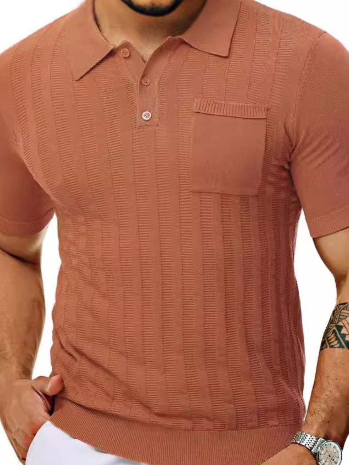 Men's Full Size Textured Short Sleeve Polo Plus Size
