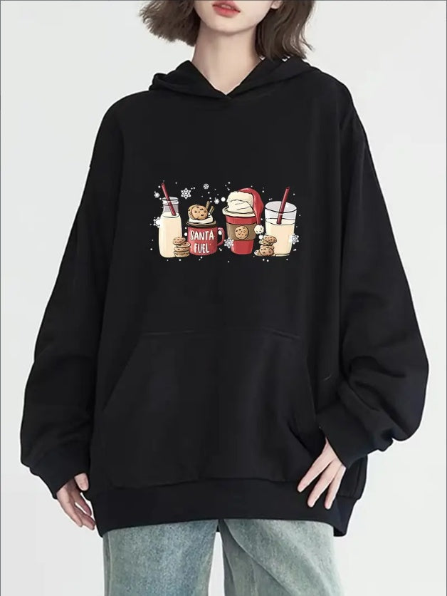 Women's Cozy Christmas Milk Tea Print Hoodie - Casual Long Sleeve With Pockets, Perfect For Fall & Winter