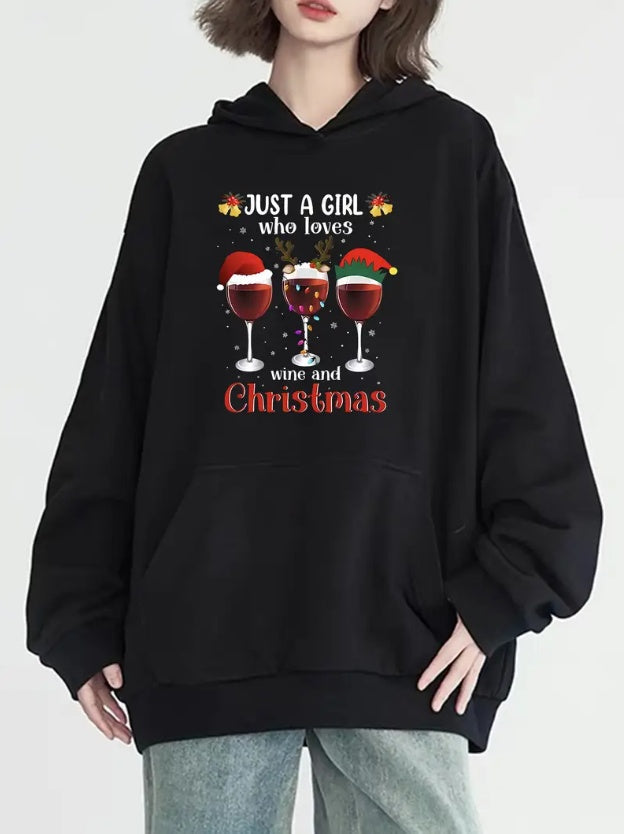 Women's Christmas Wine Glass Print Hoodie - Casual Pullover With Hooded Neck, Long Sleeve, Solid Color & Front Pocket, Versatile Fashion For All Seasons