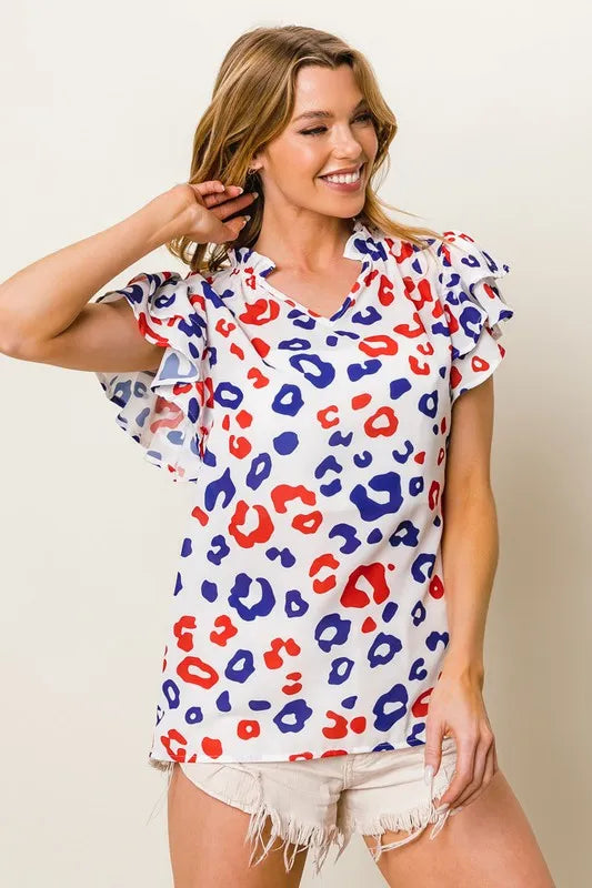 BiBi Leopard Notched Ruffled Cap Sleeve Blouse