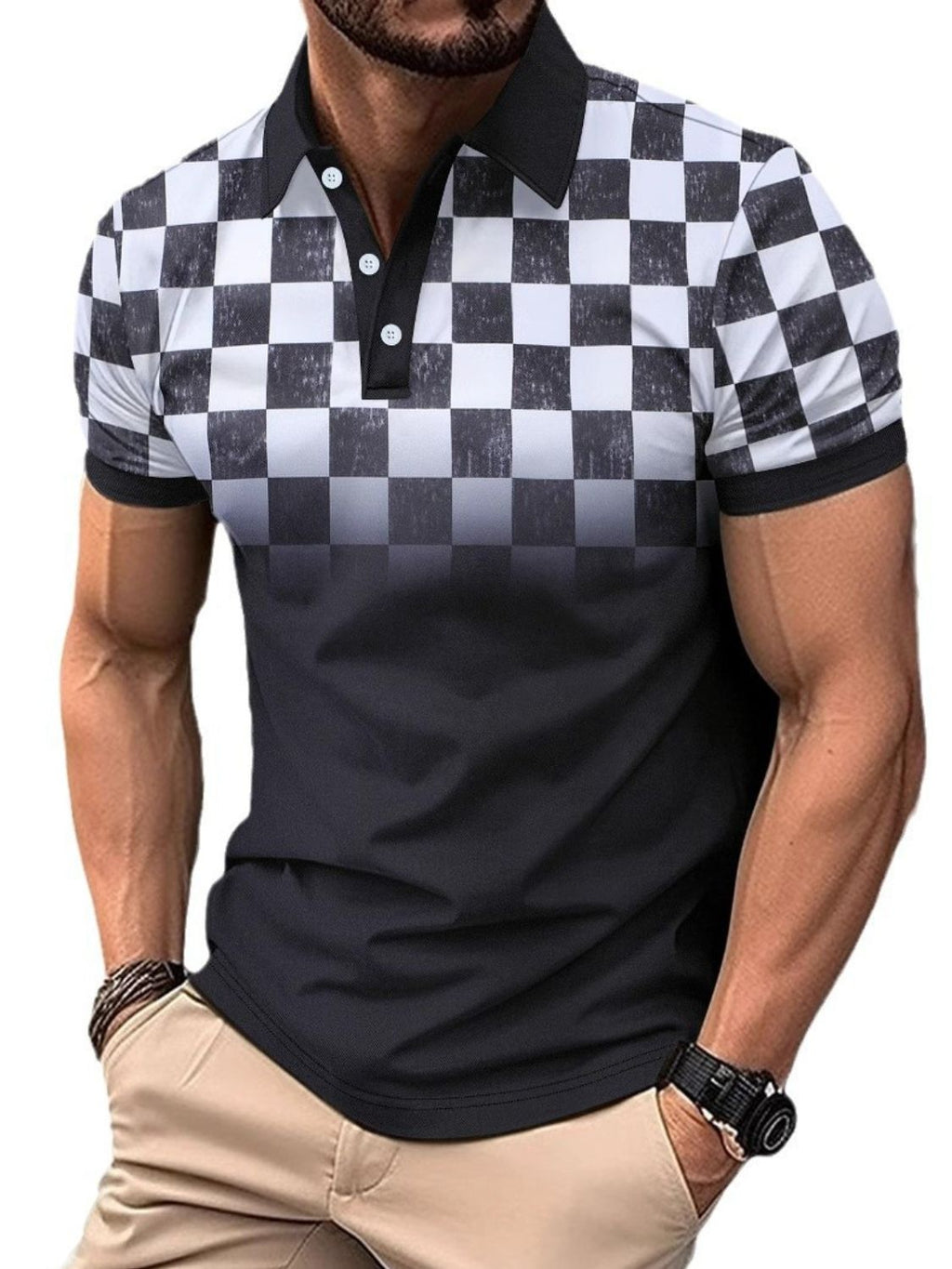 Men's Full Size Collared Checkered Short Sleeve Polo Plus Size
