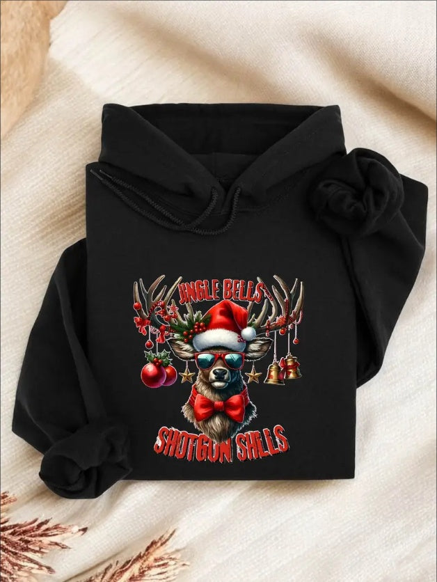Jingle Bells Hoodie, Shotgun Shells Deer Hoodie, Deer Santa Hoodie, Xmas Gift For Hunters, Deer Season Hoodie, Xmas Hunting Hoodie