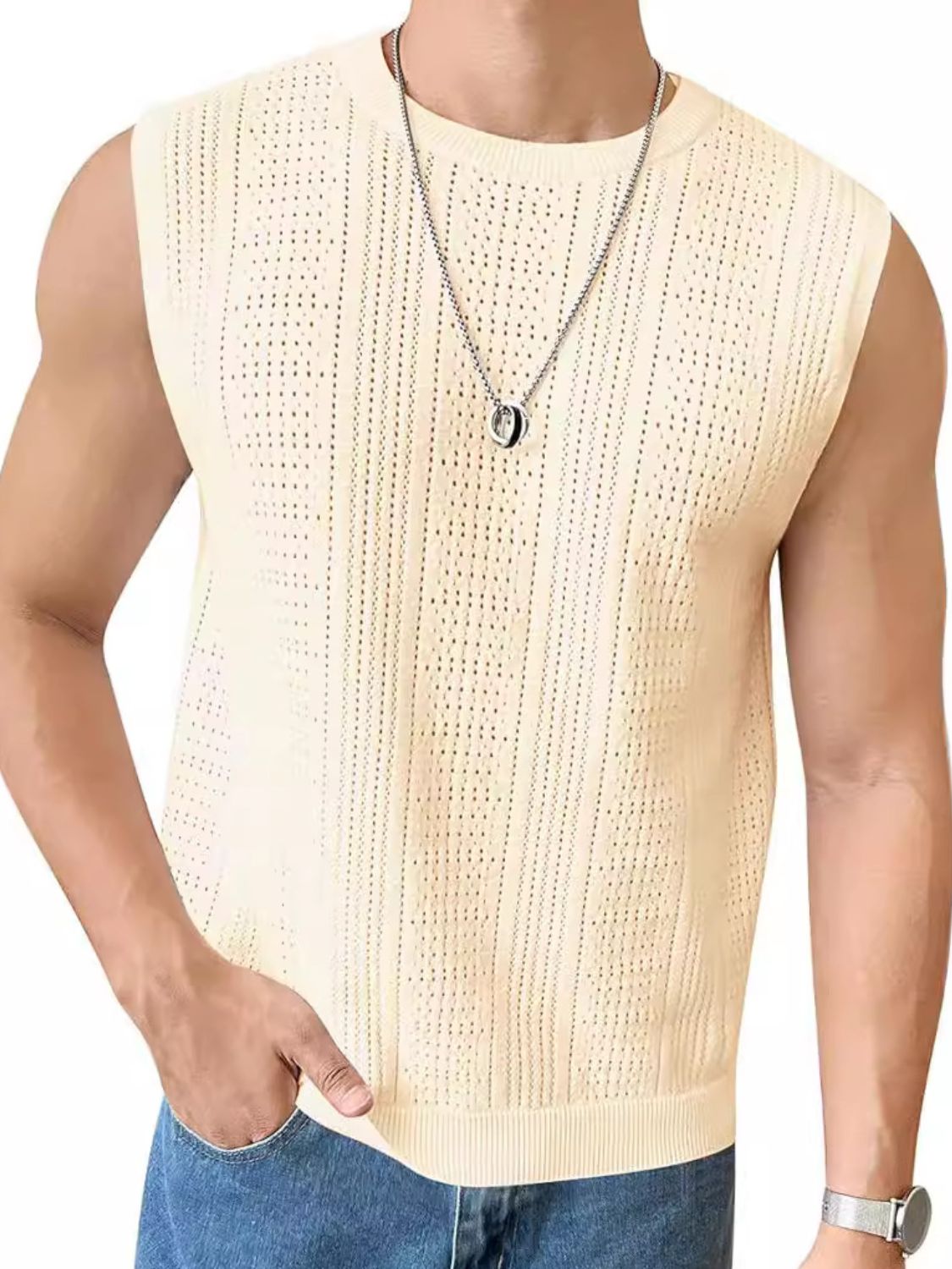Men's Full Size Eyelet Round Neck Tank Plus Size