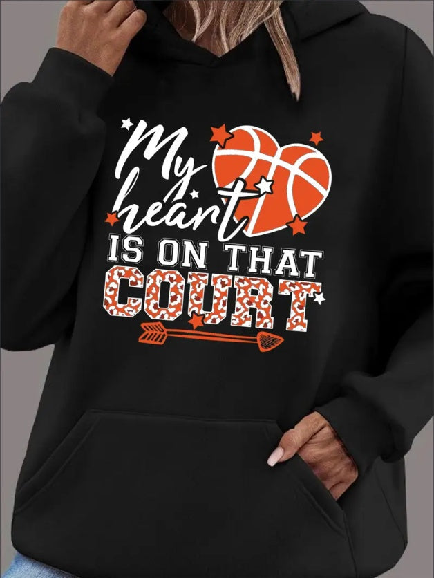 Basketball & Letter Print Drawstring Hooded Sweatshirt, Long Sleeves Kangaroo Pocket Casual Hoodie, Women's Clothing