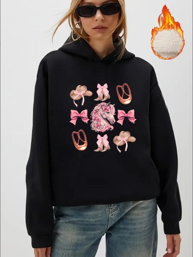 Women'S Fashion Hoodie With Fleece Lining - Polyester Casual Pullover With Western Cowboy, Horse, And Floral Print For Autumn Winter - Knitted Hooded Sweatshirt With Christmas And Halloween Motifs