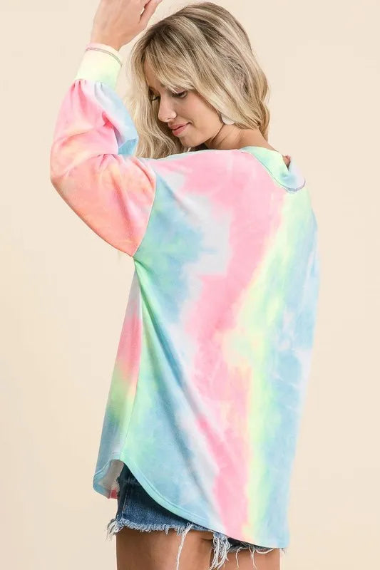 BiBi Tie Dye French Terry V-Neck Top with Puff Sleeves