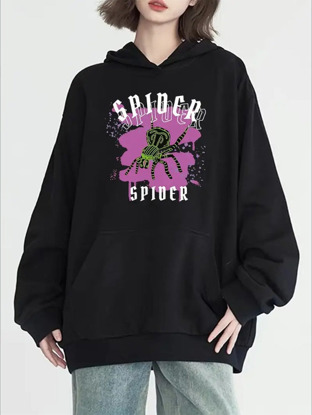 Women's Spider Graphic Hoodie With Kangaroo Pocket - Casual Long Sleeve Pullover, Machine Washable