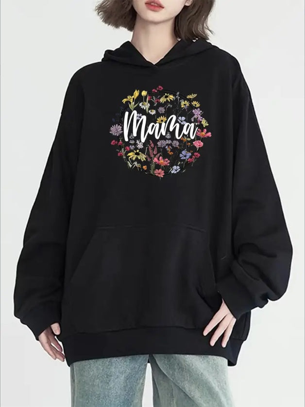 Women's Casual Floral 'MAMA' Graphic Hoodie With Kangaroo Pocket - Long Sleeve, Machine Washable