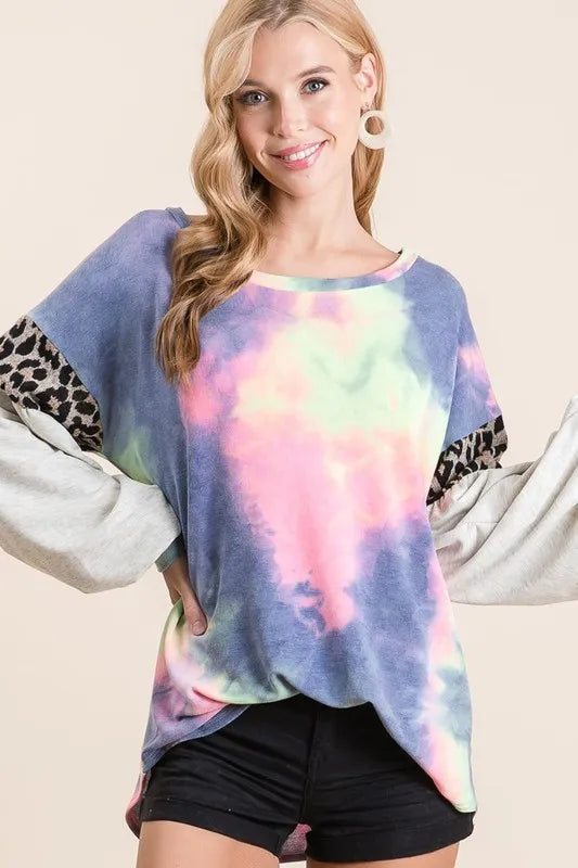 BiBi Tie Dye Terry Top with Contrast Puff Sleeves