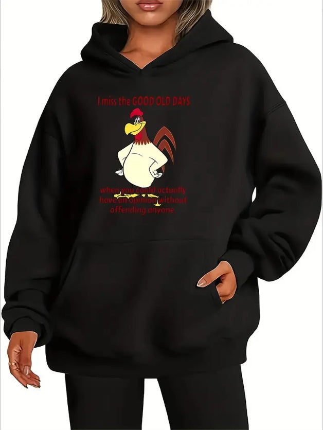 Women's Casual Hoodie With Unique Rooster Print & Kangaroo Pocket - Long Sleeve,Machine Washable