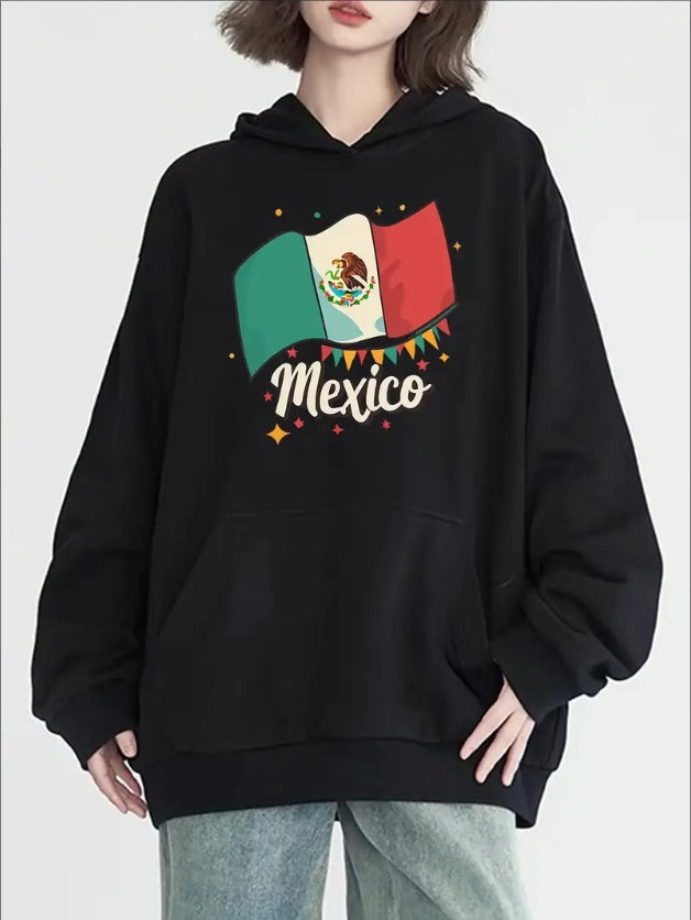 Mexico Flag Graphic Hoodie With Kanga Pocket - Women's Casual Long Sleeve Sweatshirt