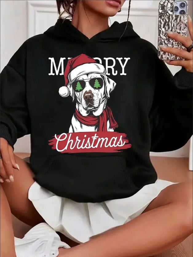 Women'S Casual Christmas Dog Print Hoodie With Kangaroo Pocket, Long Sleeve, Hooded Sweatshirt For All Seasons