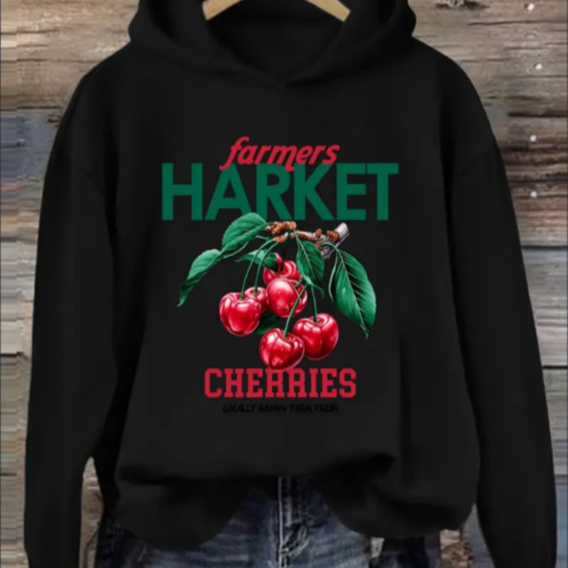 Casual Hooded Sweatshirt With Cherry Graphic Print - Women'S Knitted  Hoodie With Rib-Knit Details, Floral & Slogan Patterns For Fall Winter - Comfortable Casual Sportswear Pullover