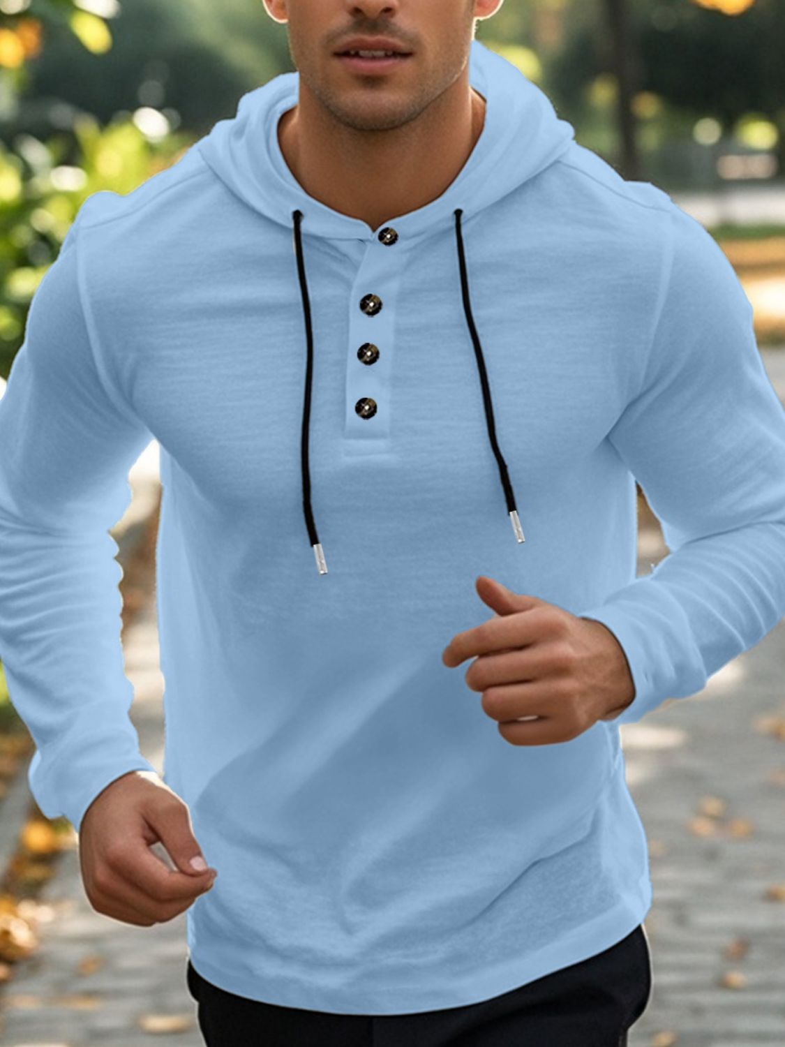 Men's Full Size Drawstring Button Detail Long Sleeve Hoodie Plus Size