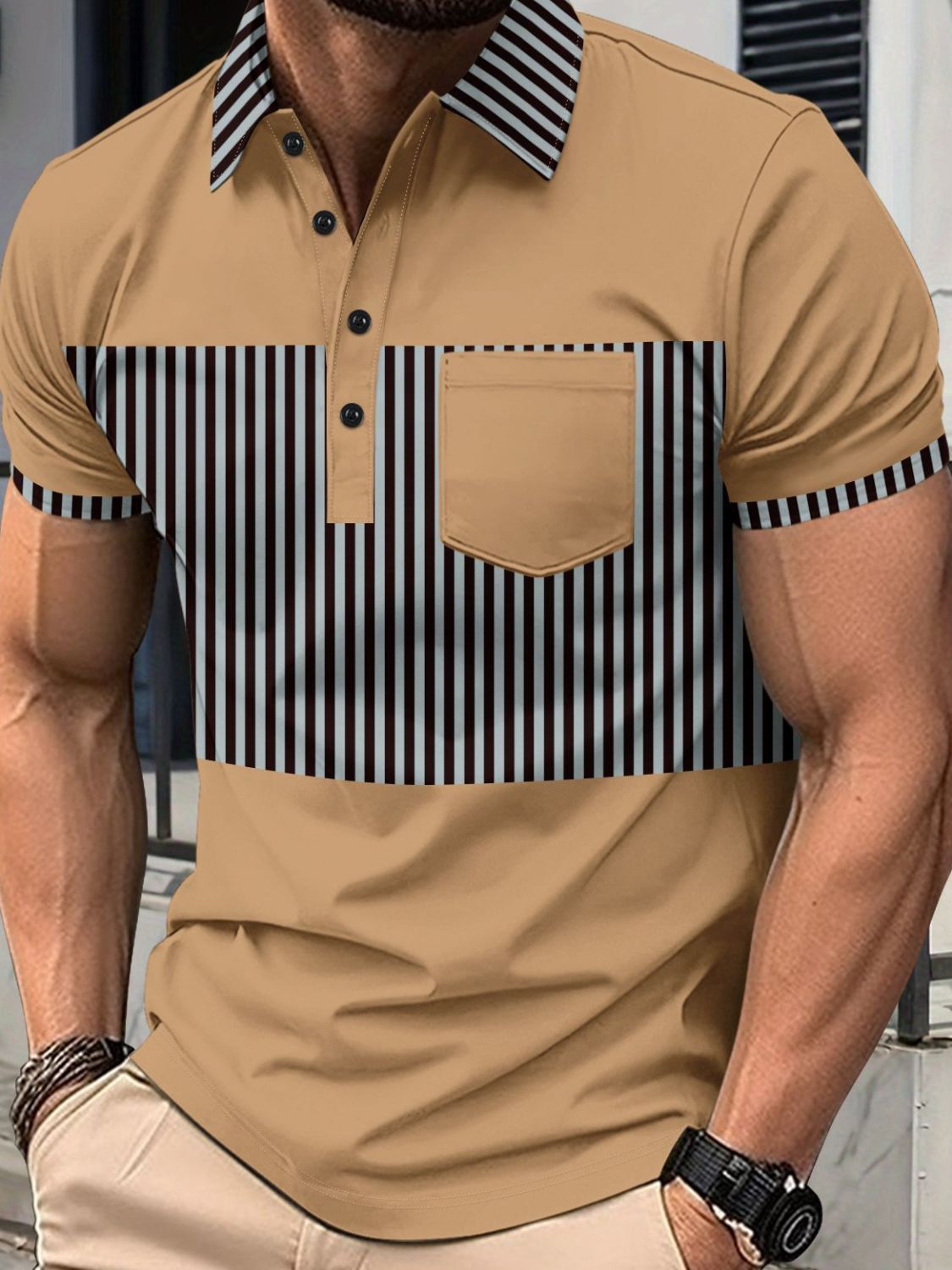Men's Full Size Collared Contrast Striped Polo Plus Size