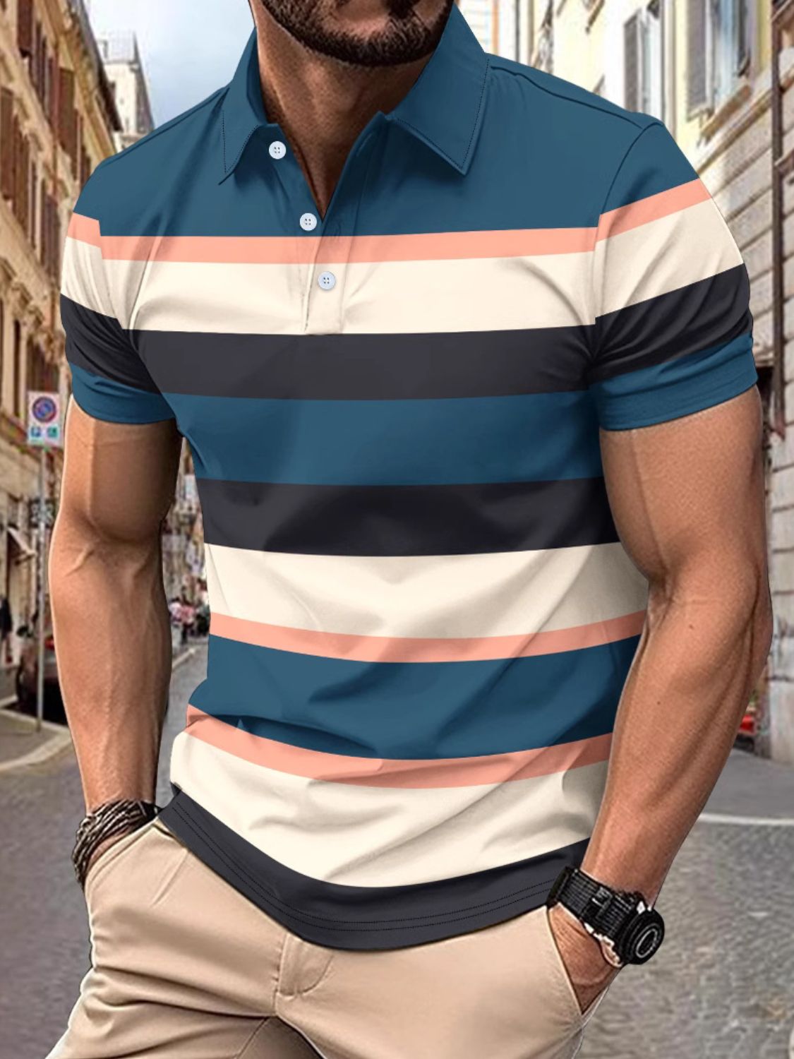 Men's Full Size Collared Short Sleeve Striped Polo Plus Size