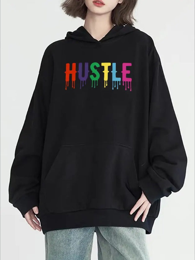 Women'S Fashion Hoodie With HUSTLE Print, Long Sleeve, Crew Neck, With Pocket, Casual Pullover All-Season Versatile Style