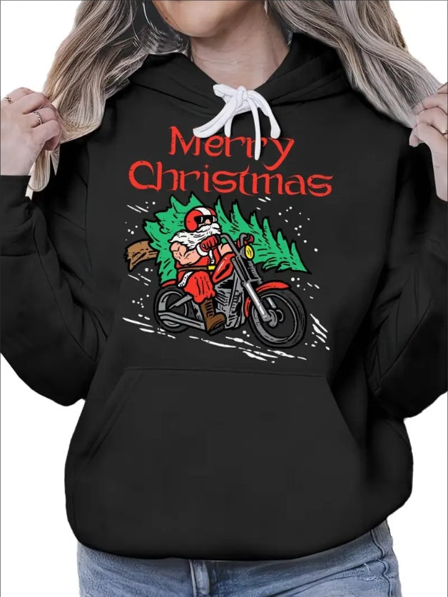 Merry Christmas Biker Santa Xmas Motorcycle Big Bike Dad Men Woman'S Cozy Hoodie Graphic Print Pullover Hoodie -Casual Long Sleeve Fall And Winter Essential