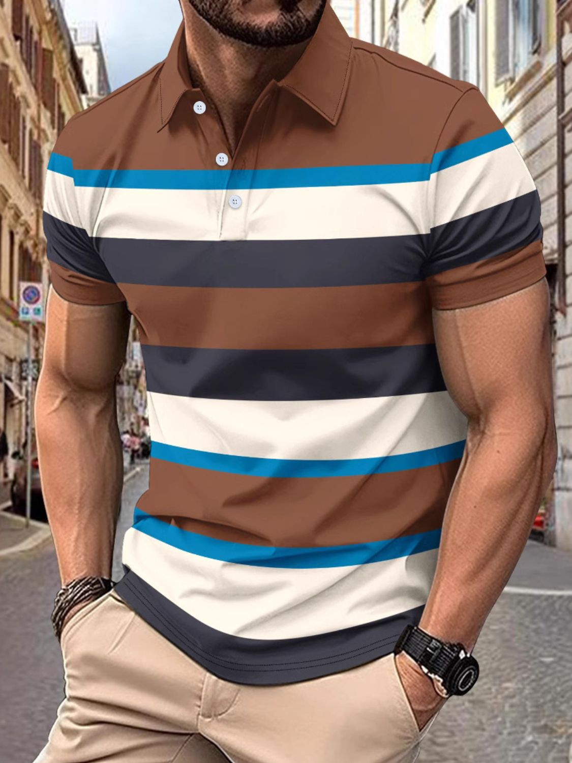 Men's Full Size Collared Short Sleeve Striped Polo Plus Size