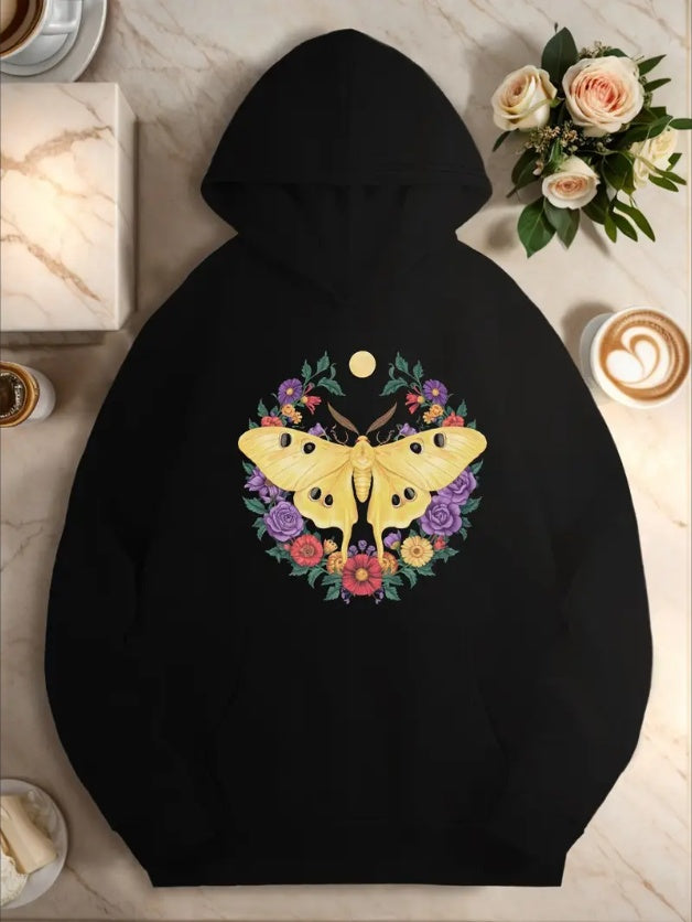 Women's Casual Hoodie With Geometric Butterfly Print - Machine Washable, Kangaroo Pocket  Cozy Long Sleeve Pullover Sweatshirt For Fall Winter