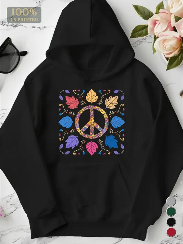 Women'S Colorful Peace Symbol Mandalas Hoodie, Casua Pullover With Pocket, Geometric Pattern, Autumn Winter Fashion, Hooded Sweatshirt