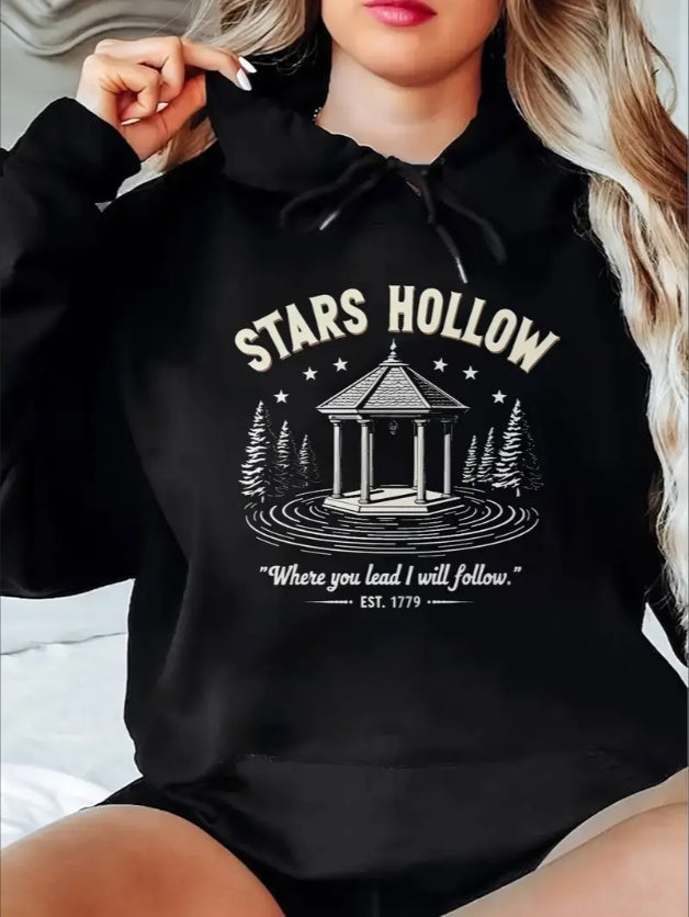 Stars Hollow Landscape Print Pullover Hoodie - All-Season  Sweatshirt With Crew Neck,, Casual Knit Style Hooded Top - Black