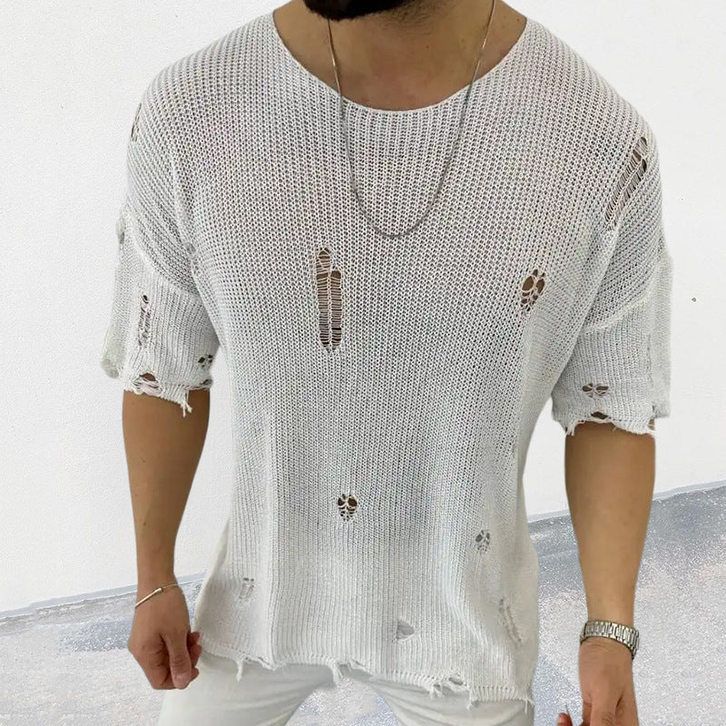 Men's Distressed Round Neck Knit Top