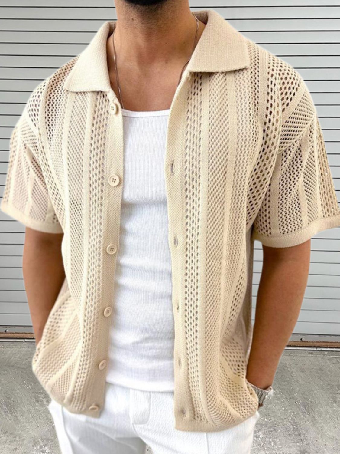 Men's Button Down Collared Neck Hollow Out Shirt