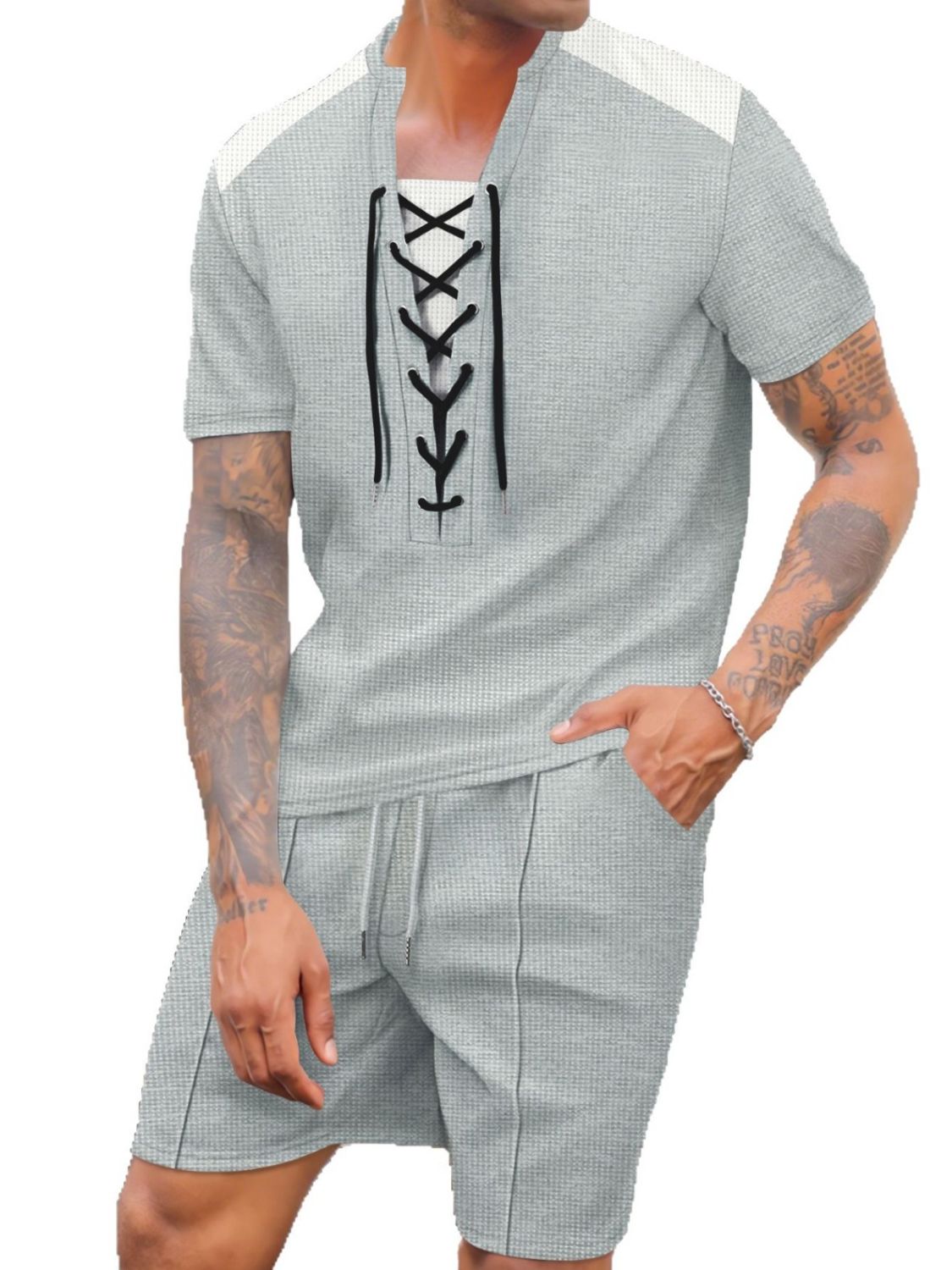 Men's Full Size Lace-Up Waffle Knit Top and Shorts Set Plus Size