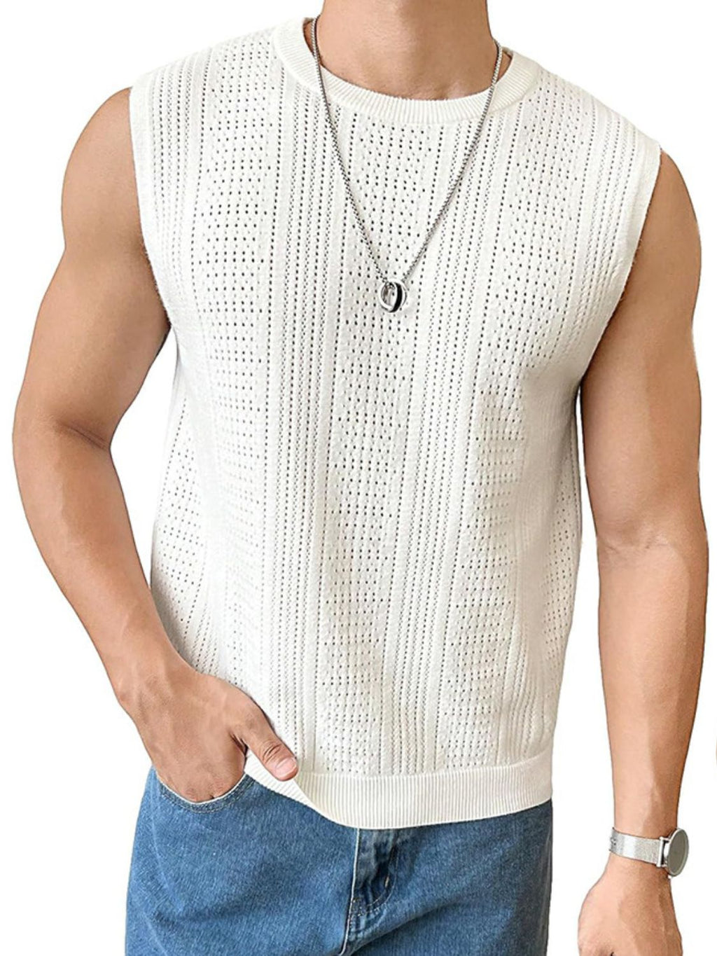 Men's Full Size Eyelet Round Neck Tank Plus Size