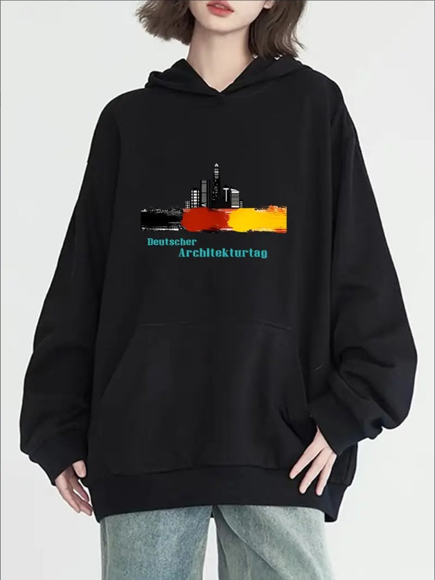 City Print Kangaroo Pocket Hoodie, Casual Long Sleeve Pullover Sweatshirt For Fall & Winter, Women's Clothing